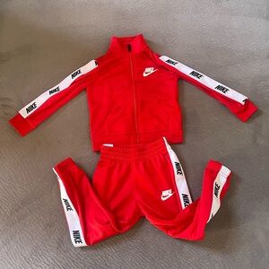 Nike Kids Red Tracksuit Set with White Logo Tape